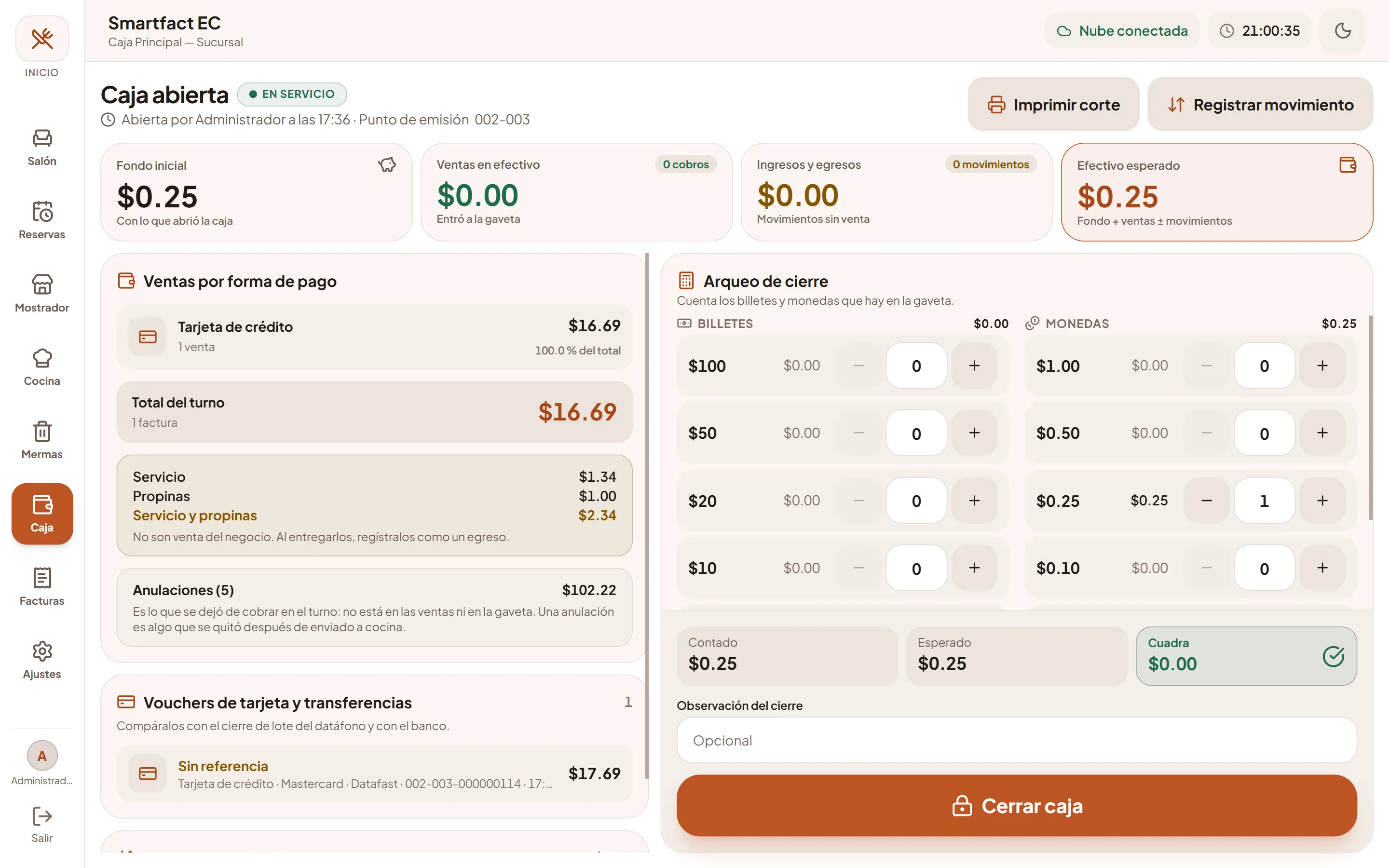 Caja por turno: Cierre de caja de SmartFact Food